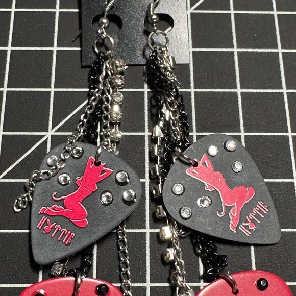 Handmade Pinup Hottie Guitar Pick Dangle Earrings Punk - Picture 3 of 7
